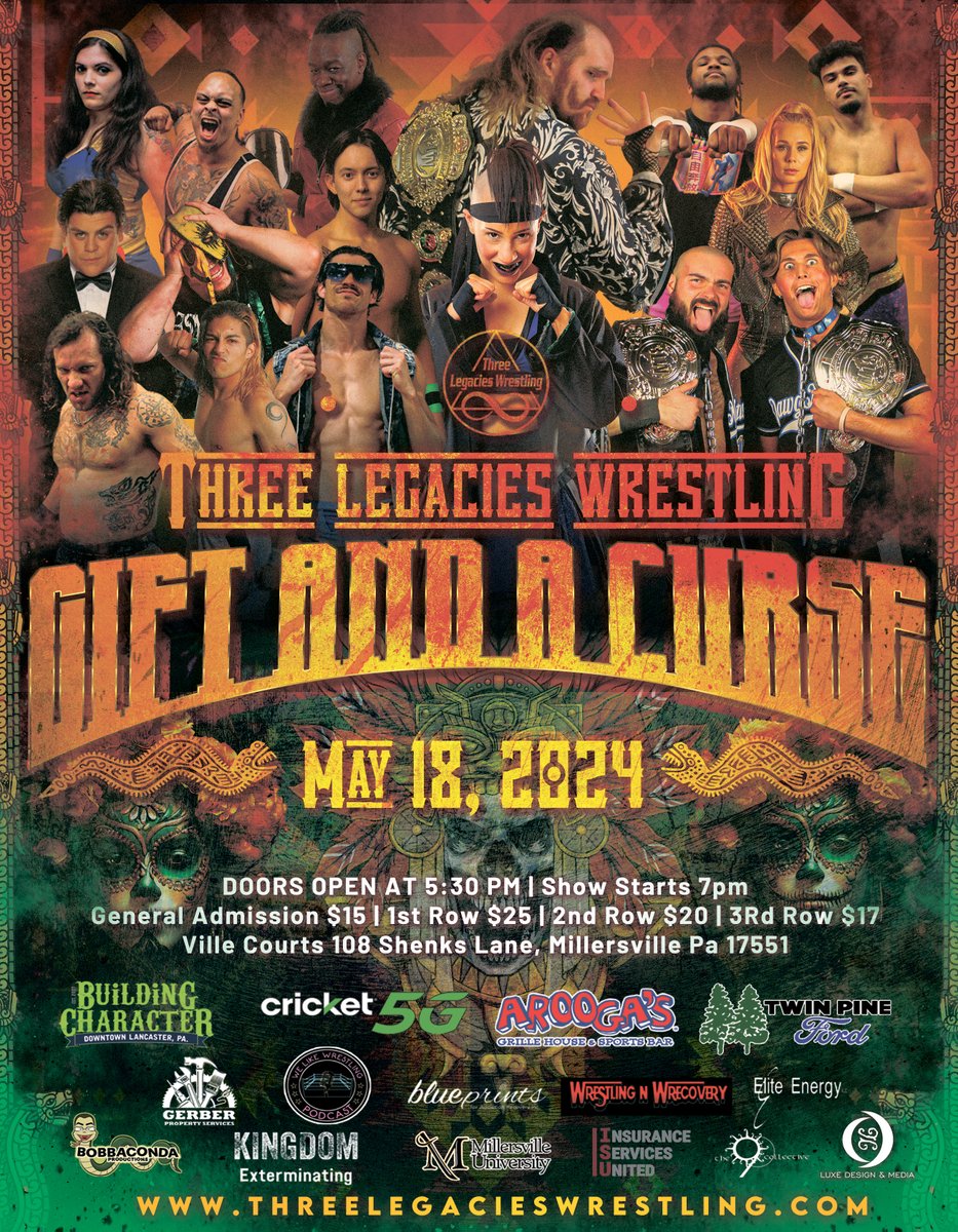 🚨3 WEEKS AWAY🚨 Three Legacies Wrestling Gift and a Curse May 18, 2024 Ville Courts 108 Shenks Lane Millersville Pa 17551 threelegacieswrestling.ticketspice.com/gift-and-a-cur…