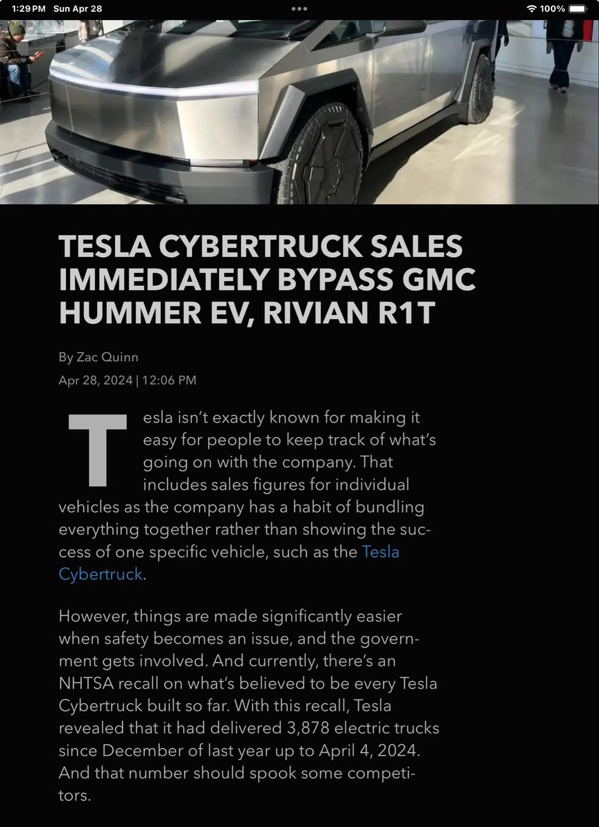 There is nothing surprising about this article except the fixed brake recall exposed these numbers of nearly 4,000 Cybertruck deliveries since the yearend launch date.