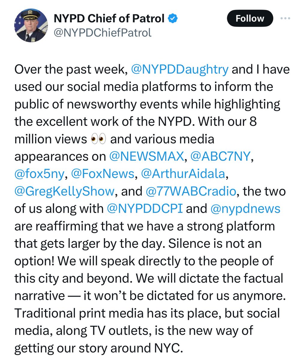 NYPD spokesperson shares that a major part of their new strategy is going on right wing media outlets all day