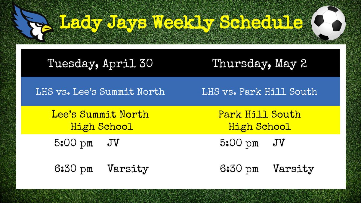 Excited for our next week of soccer matches! We will be on the road to play Lee's Summit North & Park Hill South!
