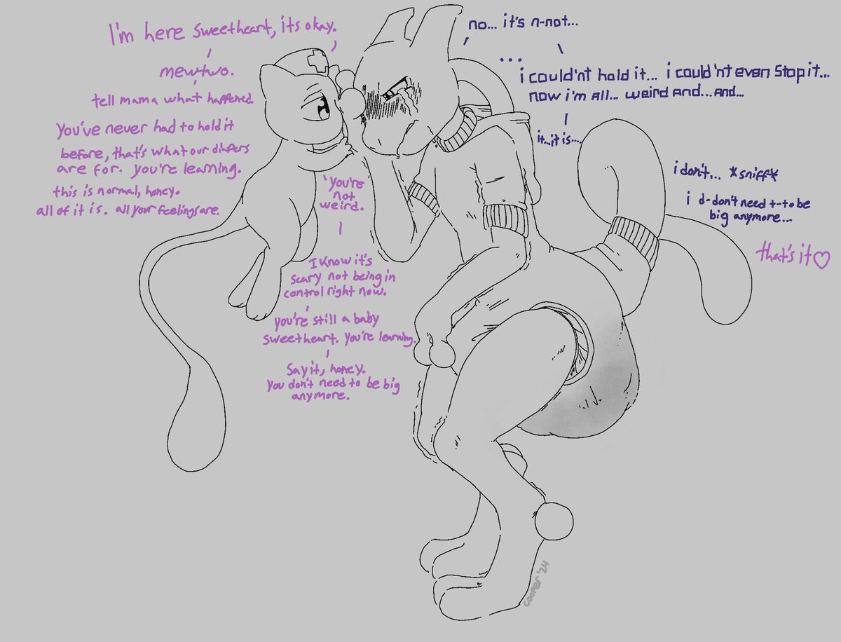 it can be hard to learn how to be little when you’ve never had the chance to be, and nurse mew understands her little mewtwo better than he realizes. 🦖❤️