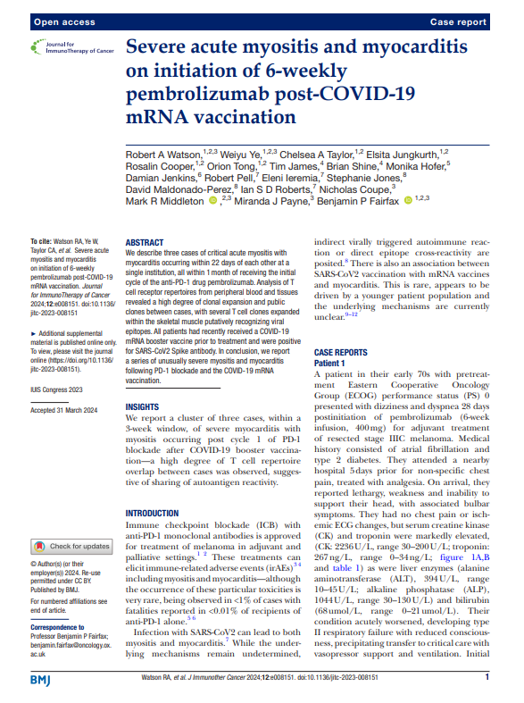 We report a series of unusually severe myositis and myocarditis following PD-1 blockade and the booster dose of a #mRNA vaccination.
pubmed.ncbi.nlm.nih.gov/38663935/