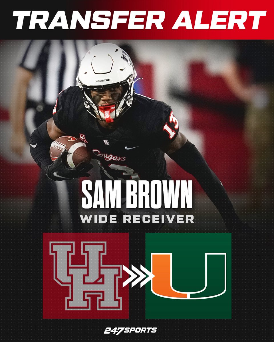 BREAKING: Houston WR Sam Brown becomes transfer commitment No. 4 for the Hurricanes over the last 24 hours. Th No. 10 WR in the portal went for 815 yards and three scores in 2023. Miami has surrounded QB Cam Ward has an absolute arsenal of weapons. 247sports.com/college/miami/…