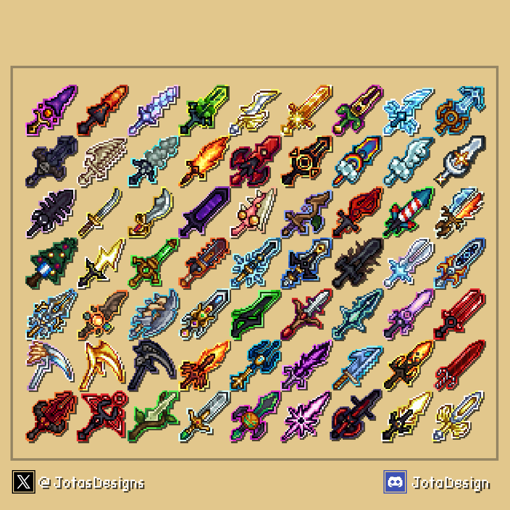 JotasDesigns's tweet photo. It was hard work, but I've finally finished the commission of 60 textures. Among them swords, pickaxes, scythes and pixelart tridents! https://t.co/8OQI3UsdWq