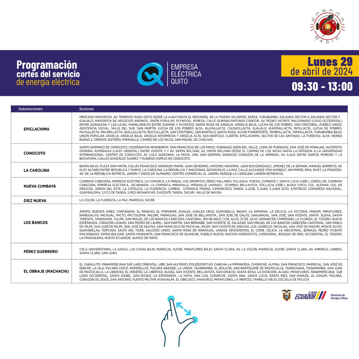 🚨Atención, estos son los  #horarios de #corte de luz en #Quito para este lunes 29 de abril de 2024.

Visiten la página de la <a href="/ElectricaQuito/">Empresa Eléctrica Quito</a> 

#cortedeluzecuador #sinluz #spermaradio #Ecuador #fyp #viral #parati #luz #postviral #Descontrolec #atención #alerta