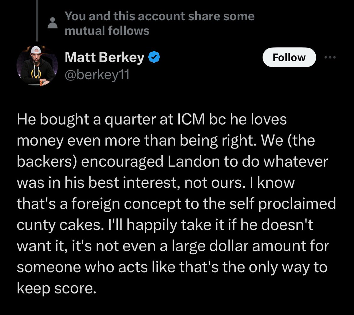The retard @berkey11 insults me for giving Landon 100k in gambling money and says he’s happy to buy the action himself. Straight liar If he was happy to take the action himself why is it being shopped around as we speak? Truth is he does want it he’s just an internet larp who…