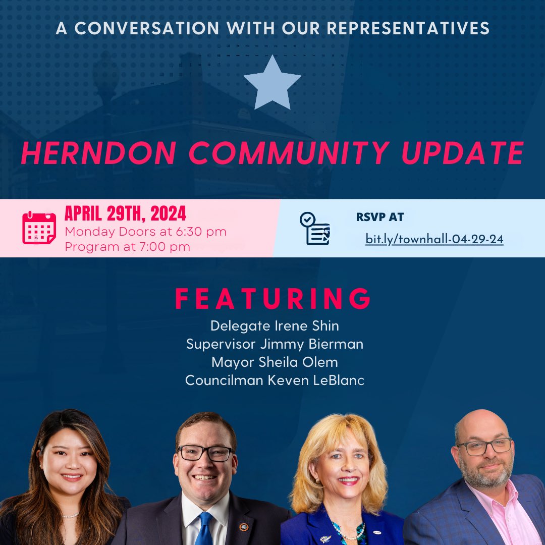 Join us tomorrow for a special event! @JimmyBiermanVA, @SheilaOlem, @Keven4Herndon and I will share updates on a range of matters important to our community. What: Herndon Community Updates When: Monday at 6:30pm Where: Herndon Council Chambers RSVP: bit.ly/townhall-04-29…