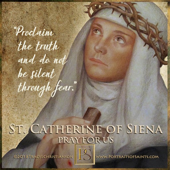 Happy Feast Day St. Catherine of Siena She started having mystical experiences & visions at 6 and became a Dominican tertiary at 16.  A brilliant theologian, with no formal education, she persuaded the Pope to return to Rome from Avignon.  bit.ly/3r2XCvP