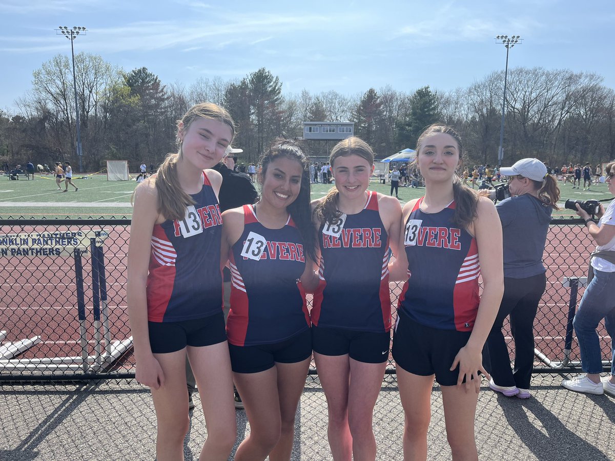 RevereHSTrack's tweet photo. SCHOOL RECORD ALERT 🚨 The quartet of Rocio Gonzalez, Gemma Stamatopoulos, Genevieve Zierten, and Olivia Rupp break the Distance Medley Relay school record with a time of 14:58.66 - almost a second faster than the previous record from 2017! @Racquel_Mac @ADReverePats https://t.co/S371pUYrS8
