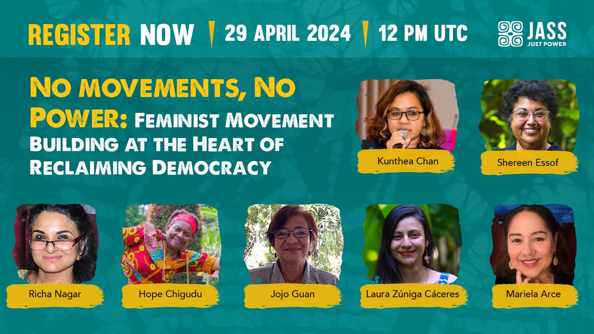 Happening TODAY! JOIN us for a Just Power Global Dialogue “No Movements, No Power: Feminist Movement Building at the Heart of Reclaiming Democracy”, April 29 @ 12 PM UTC/8 AM ET/2 PM South Africa/8 PM PH time. See our exciting speaker line up of popular educators & activists👇🏾