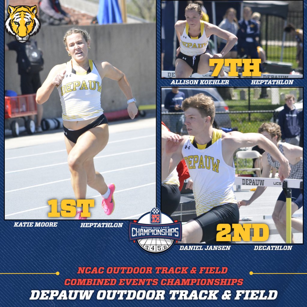 Final results from today’s competition: 🎽 @NCAC Outdoor Combined Events Championships wrapped today & @DePauwXCTF had 2 all-ncac performances! K. Moore finished in 1st & A. Koehler finished in 7th in the heptathlon D. Jansen finished 2nd in the decathlon #TeamDePauw #d3tf