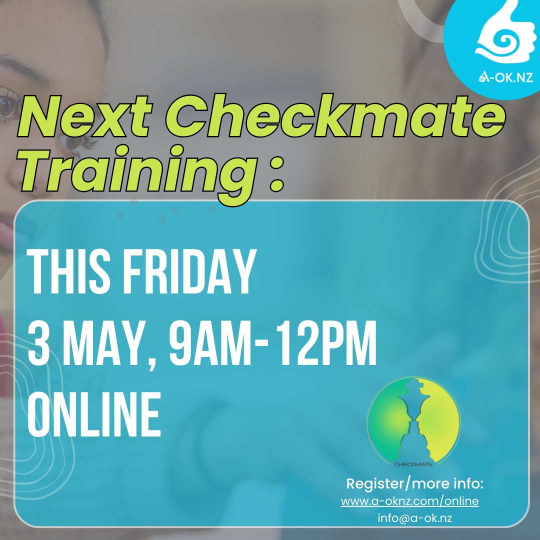 AOKNZTraining's tweet photo. Did you know our trainings are available online? Learn from anywhere, be it home or office.  Learn how to check in and connect: 
- WHERE: Online
- WHEN: This Friday, 9am-12pm
- WHAT: Checkmate Connector Training

#AOKNZ #LifeSupportingConversations #LifeSupportingCommunities https://t.co/OIzGm51H1F