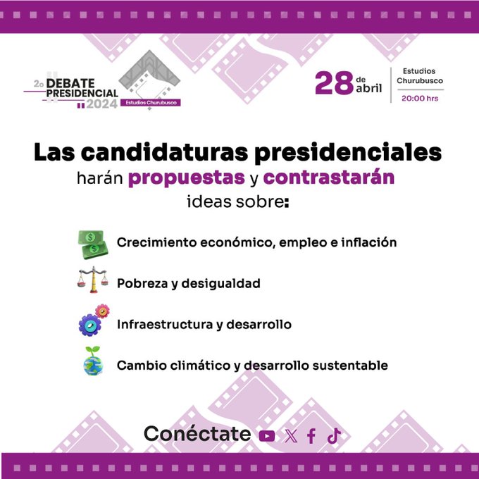 🙋🏻‍♀️🙋🏻‍♂️ Conoce las propuestas de las candidaturas a la Presidencia de la República para el segundo #DebateINE 👇🏼 ¡No te lo pierdas! ⏰ 28-ABR/20:00 h. ▶️ tinyurl.com/jesjsu3b