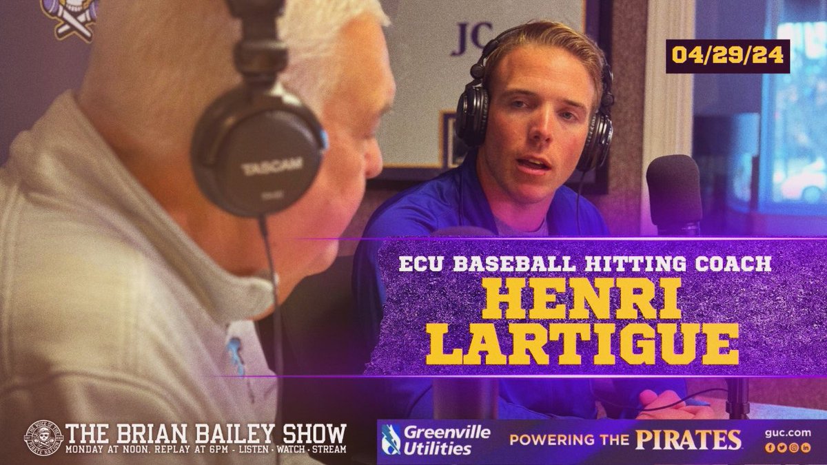 PR927FM's tweet photo. 🏴‍☠️⚾️ Monday at Noon on the Brian Bailey Show, ECU Baseball Hitting Coach Henri Lartigue @Coach_Lartigue joins the broadcast to discuss the Pirates’ offensive onslaught.
LISTEN, STREAM, WATCH
🕒 Noon, 6pm
📻 92.7FM, 104.1FM
💻 https://t.co/Z5O9agM4X7
📺 https://t.co/wQVzNMi14l https://t.co/fESxaW9w4W