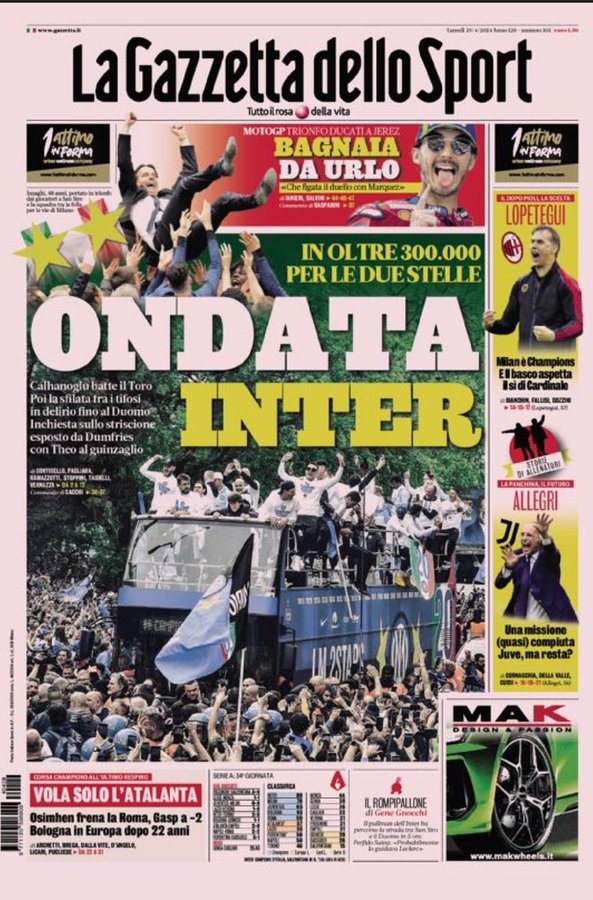 Bukan 50.000 seperti yang diperkirakan, jumlah para penggemar Inter yang mengikuti parade bus tim merayakan Scudetto ke-20 diperkirakan lebih dari 300.000 penggemar.

Laporan dari Polisi ini adalah perayaan tim paling padat dan rame yang pernah terjadi sepanjang sejarah.

Dan ini