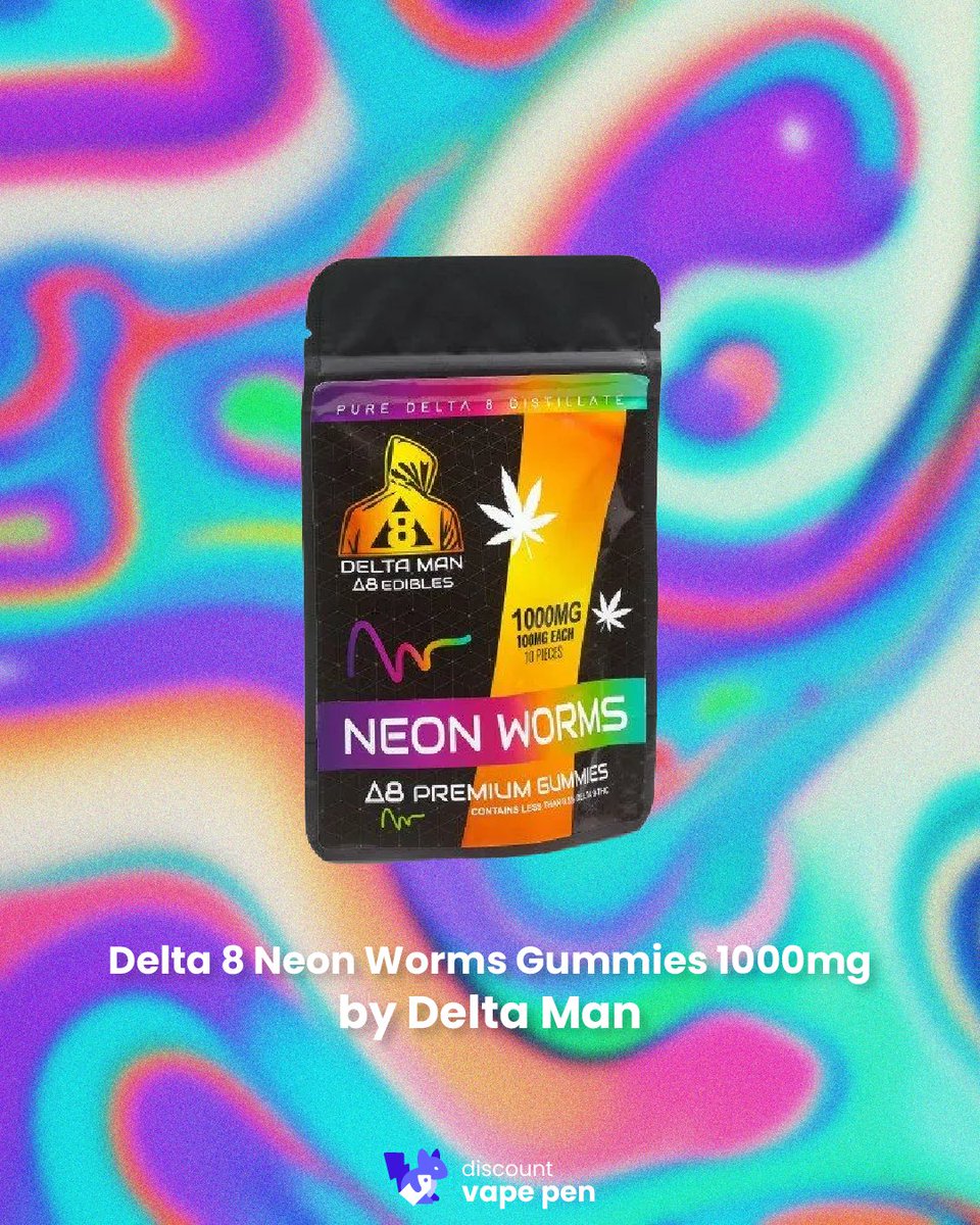 Packed with pure Delta 8 distillate, our Neon Worms Delta 8 gummies offer a whopping 1,000mg of Delta 8 for a truly relaxing experience! 💨🏷️

discountvapepen.com 🔥

#discountvapepen #vaper #vapecommunity #vapeonline #pipevape #vapeshoponline #vapeonline #vapeusa #vapefam