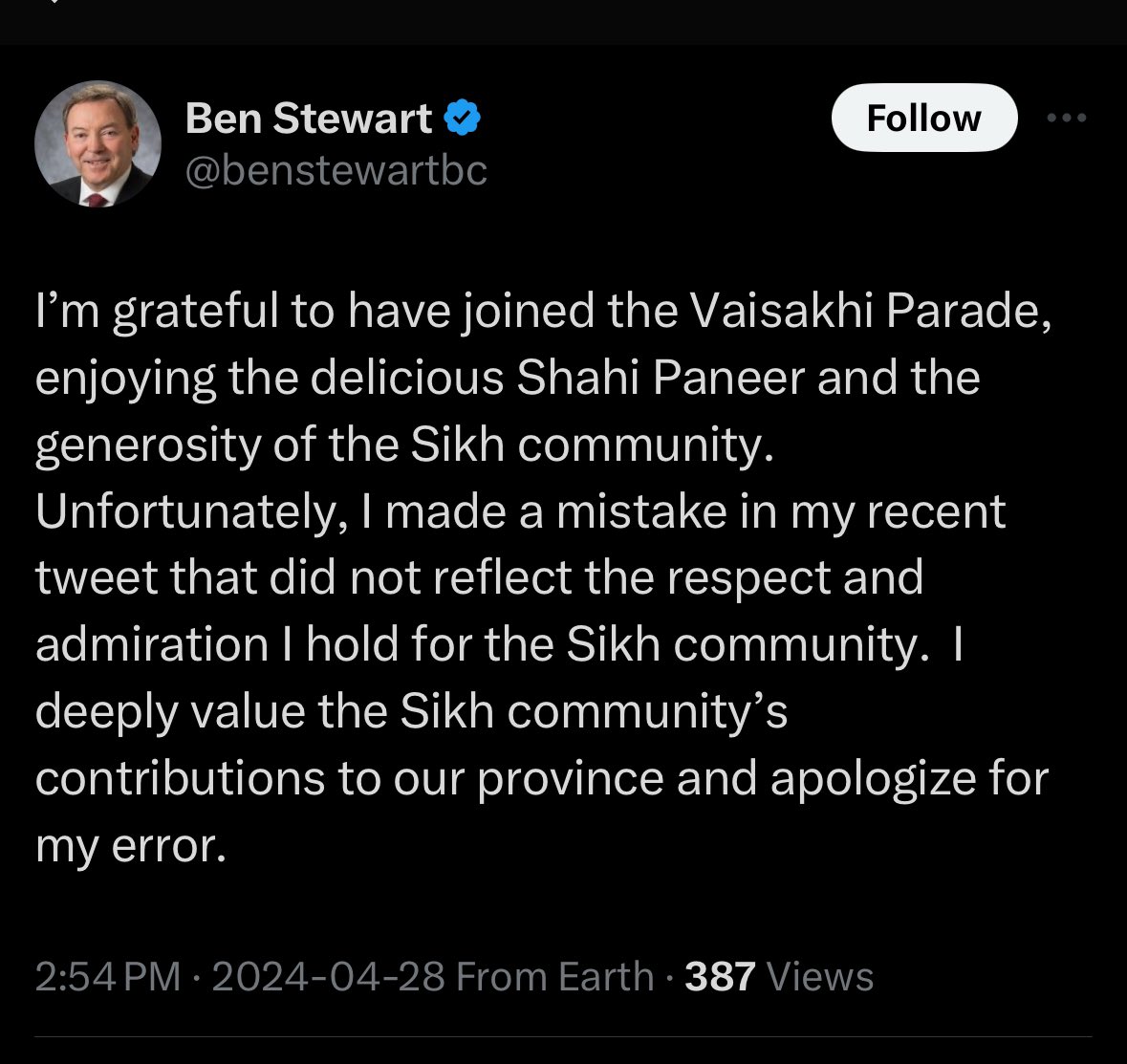 BC United MLA from Kelowna West, Ben Stewart, has admitted his mistake, apologized for his error, & clarified that he had Shahi Paneer at Vaisakhi Parade/Nagar Keertan in Kelowna. The apology came after he tweeted that he had Warm Butter Chicken there & then took down the tweet.