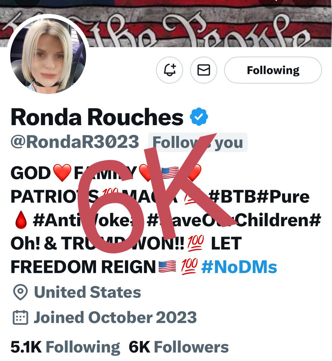 Congratulations Ronda @RondaR3023 on 6K followers , if you’re not following you should be , she’s an outstanding patriot 💯🔥