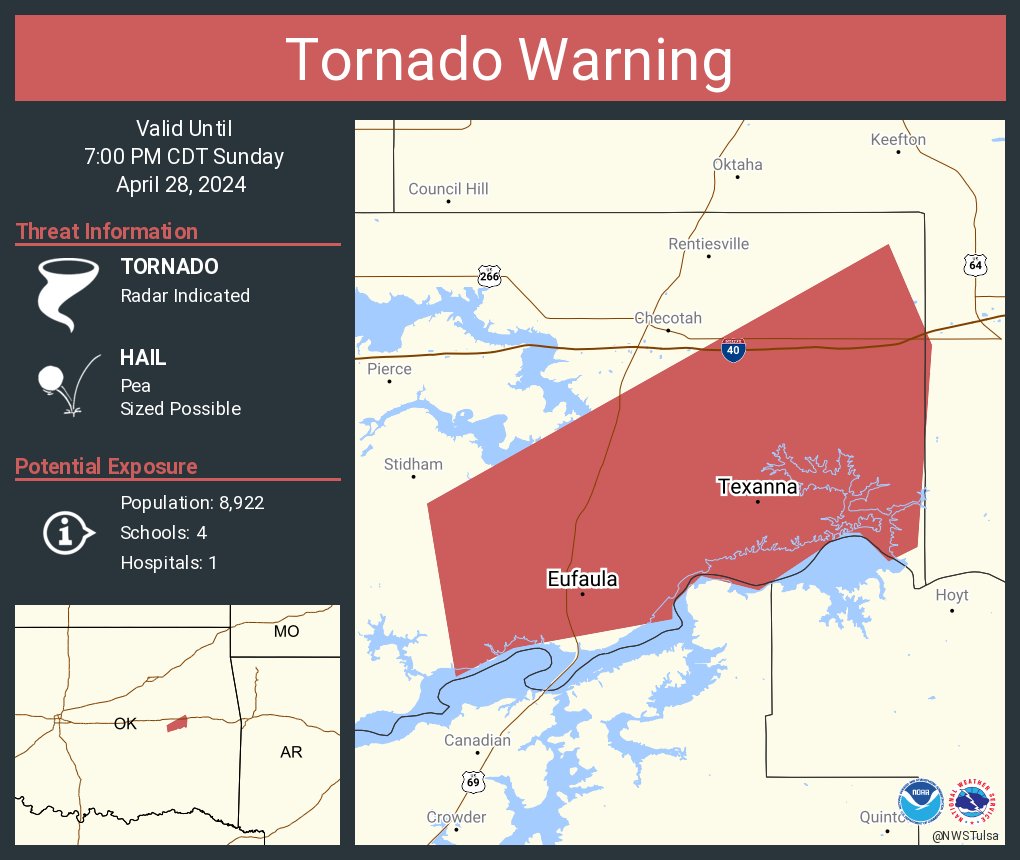 Tornado Warning continues for Eufaula OK and Texanna OK until 7:00 PM CDT