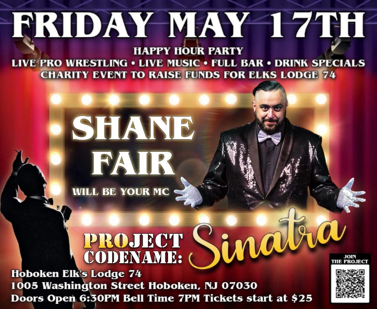 *MASTER OF CEREMONIES* @ShaneKarma will MC #SINATRA 🎟⬇️ tinyurl.com/thePROjectOnli… RSVP⬇️ forms.gle/P1Ah8iEvGTpqLq… #HAPPYHour #Hoboken #ProWrestling #Party Friday 5.17.24 630pm Join us for #SINATRA live from the @HobokenElks