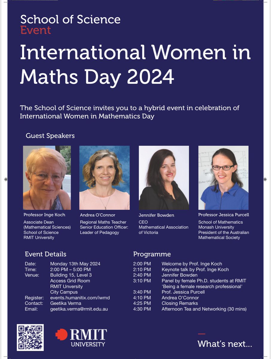 Geet0784's tweet photo. Join us for this annual hybrid event that Discipline of Mathematics at @RMIT School of Science is hosting on 13th May 2024. Huge and special thanks to @WimsigAU for their unwavering support in funding such Australiawide celebrations. Register here:
https://t.co/qB1uwhutY5 https://t.co/RM1OkuFlL5