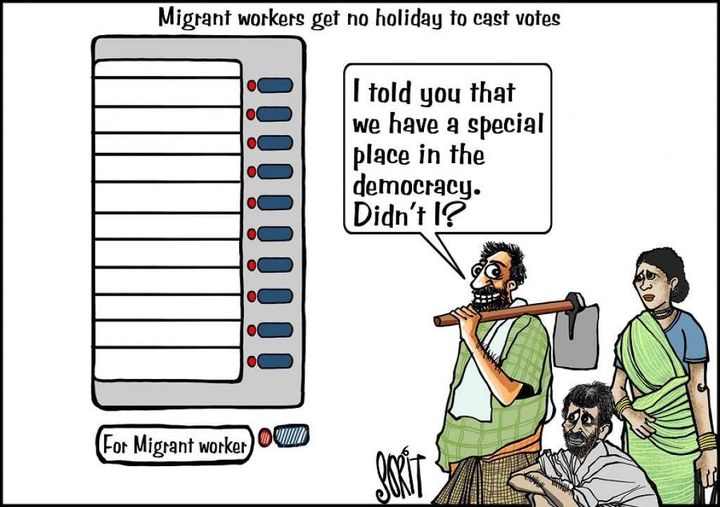 प्रवासी श्रमिक भारत के सकल घरेलू उत्पाद में 10% का योगदान करते हैं। But exercising their vote during elections is a struggle for many. They lose wages during the period they are not working, plus they have to spend money for the trip home and back. facebook.com/incsandesh/pos…