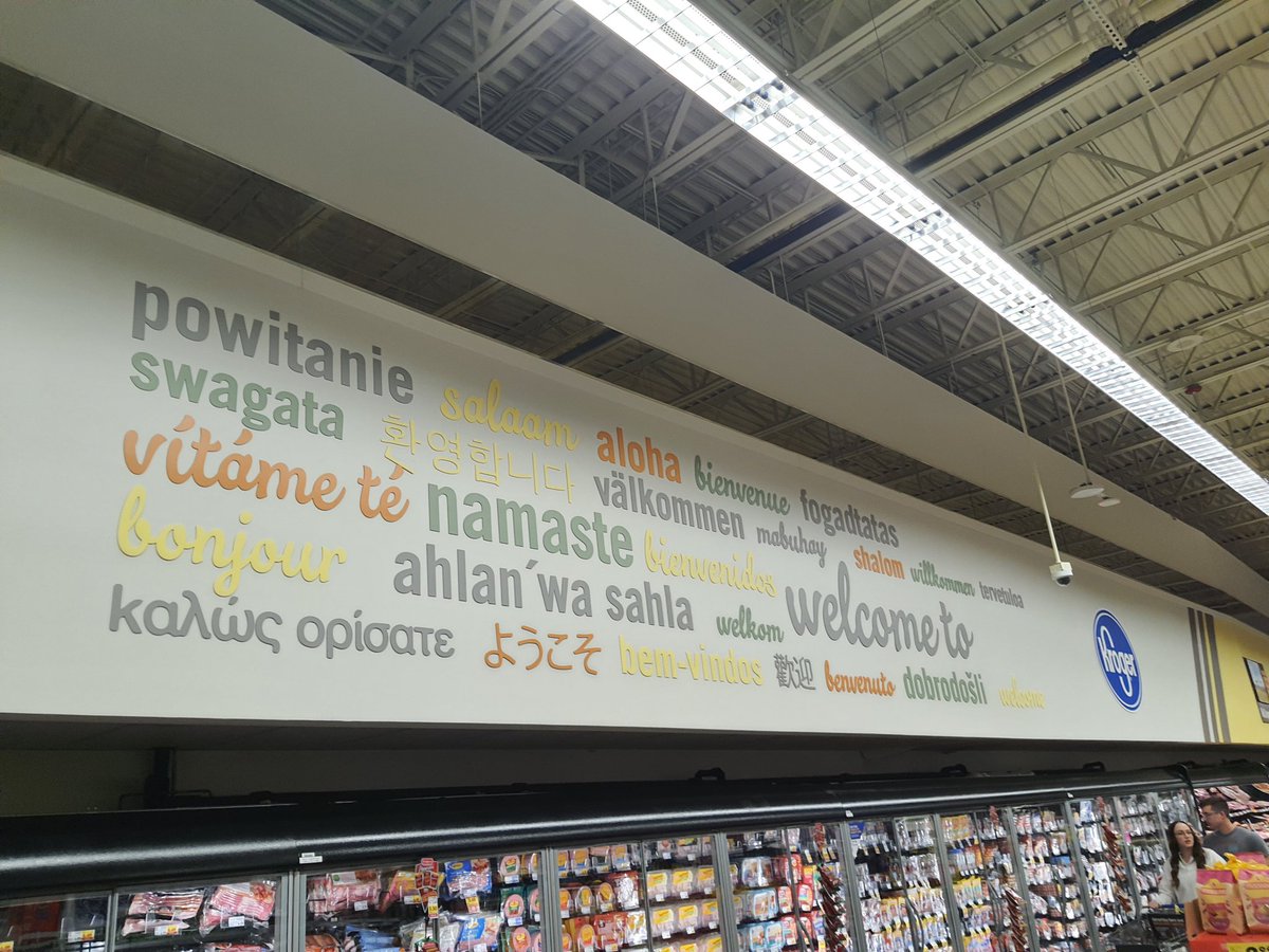 The near Kroger from my apartment in suburban Indiana. Sums up why decolonization needs to be a serious project for Indians. Almost every language on this board has its own script except... #Swagata #Namaste.