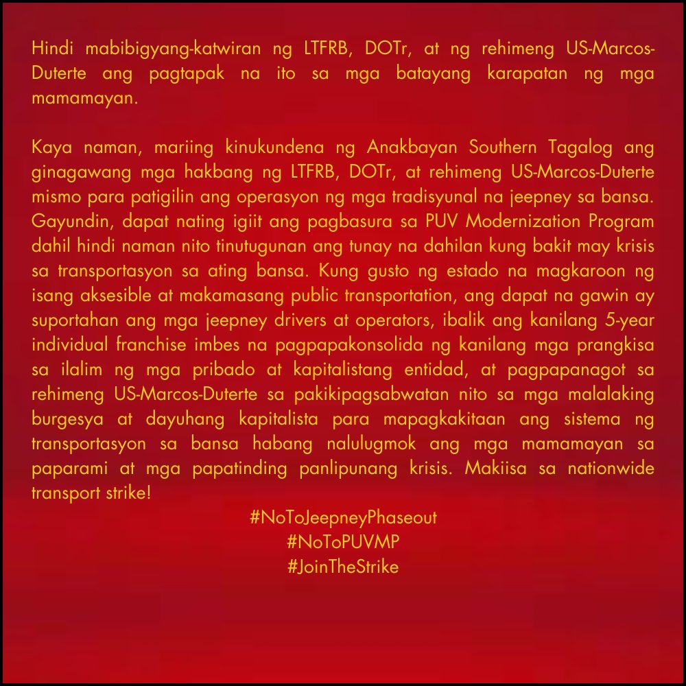 Basahin ang buong pahayag:

#NoToPUVMP
#NoToJeepneyPhaseout
#JoinTheStrike