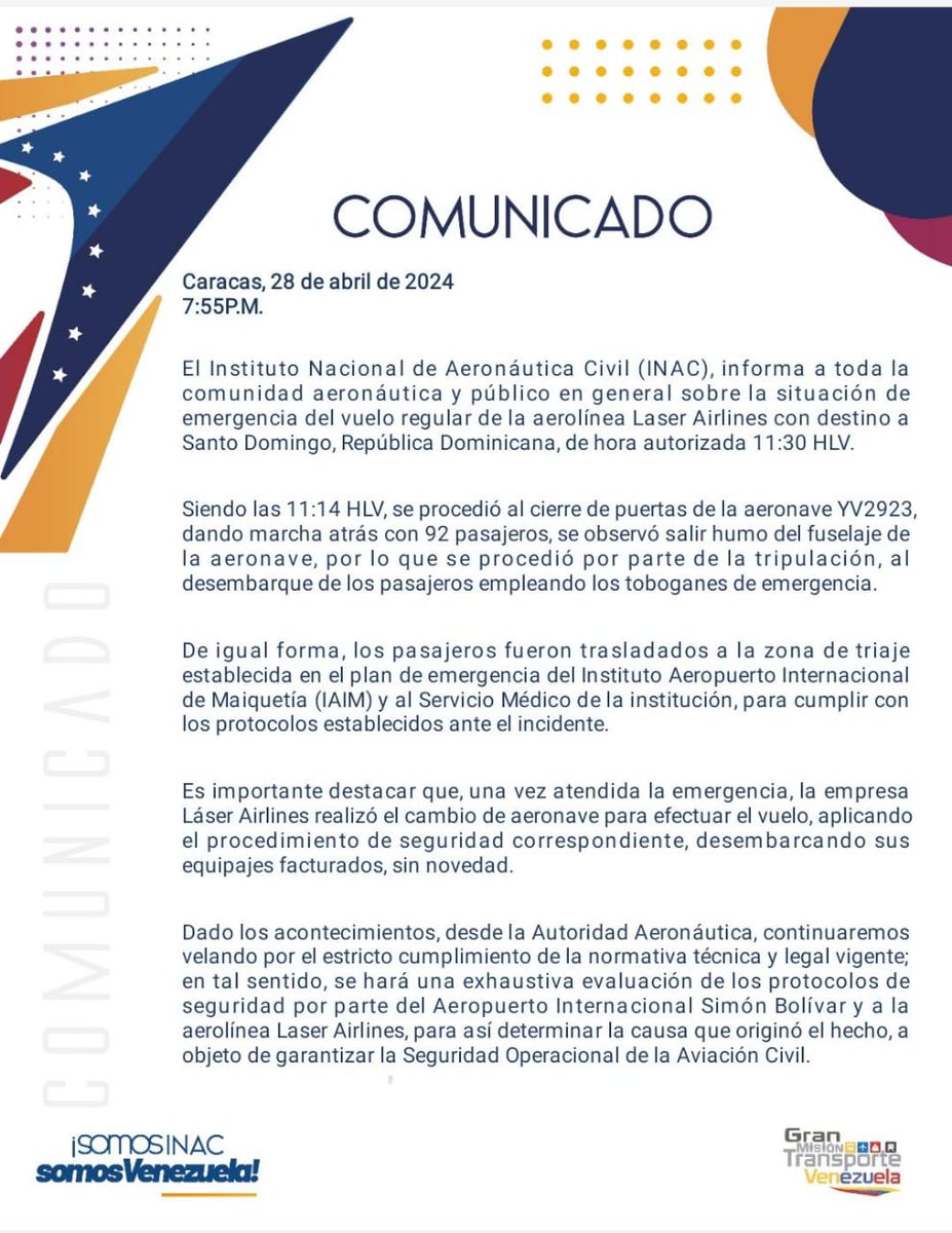 #INACInforma a toda la comunidad aeronáutica y público en general sobre la situación de emergencia del vuelo regular de la aerolínea Laser Airlines con destino a Santo Domingo, República Dominicana, lo siguiente: ⬇️