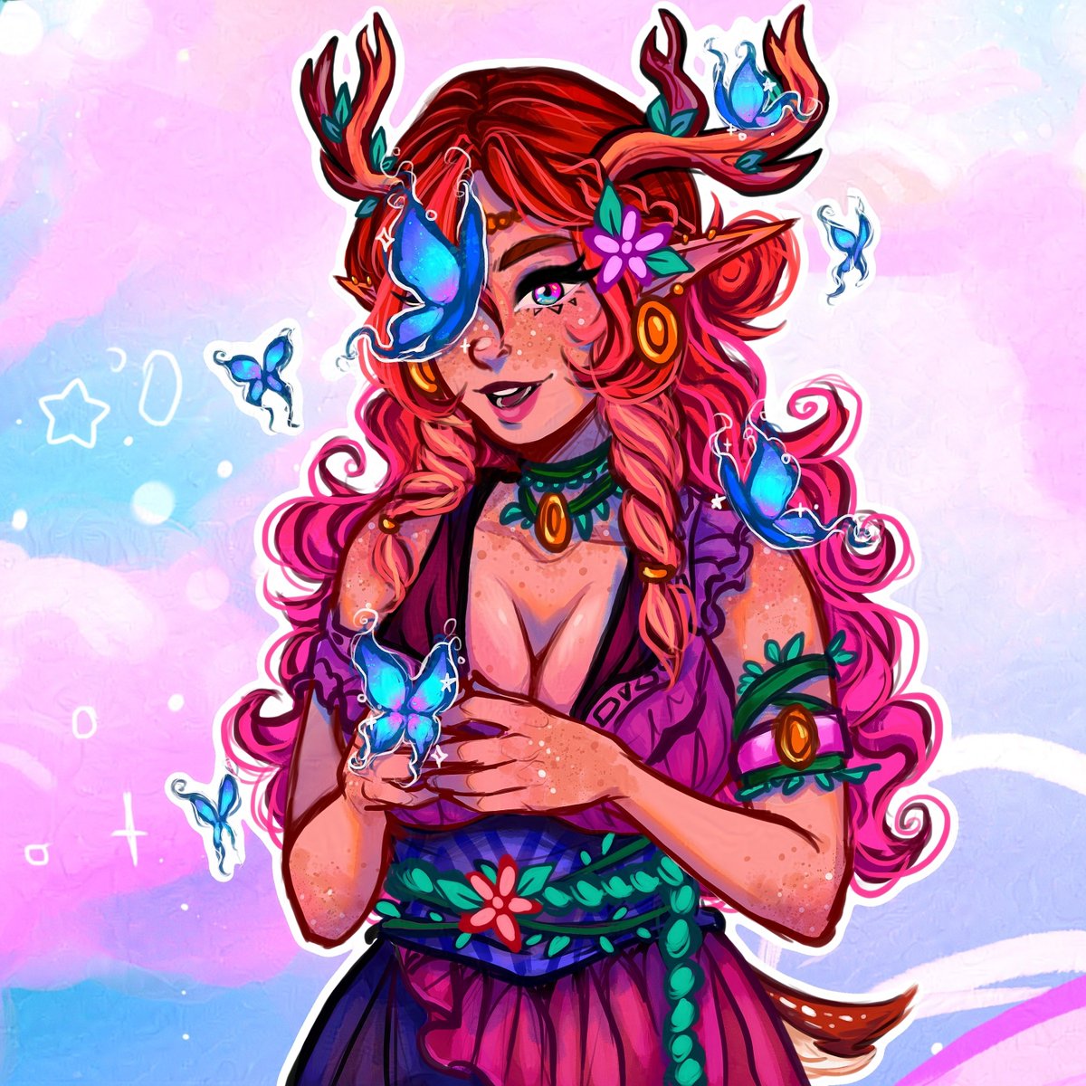 INTRODUCING: Evora! 🦋🌺
My new mascot and #pngtuber avatar! 

She's a very bisexual satyr druid who's always followed by butterflies made of pure magic. 

She also has a mysterious glowing keyhole on the back of her neck I wonder what that's about HMMM...🤔

#LGBT #LGBTQ #vtuber