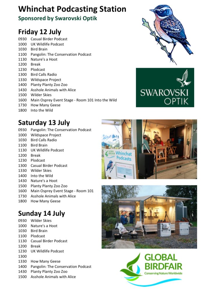 🎙️What’s On at Global Birdfair 2024? 🗓️Lecture, Workshop & podcasting schedules now online - What’s On pages 😀Lots of amazing talks & guests 🦉Great Workshops 🙏🏽Thanks to all stage sponsors @SwarovskiOptik @OMSYSTEMcameras @Natures_Voice @viveandalucia 👉 globalbirdfair.org/whinchat-podca…