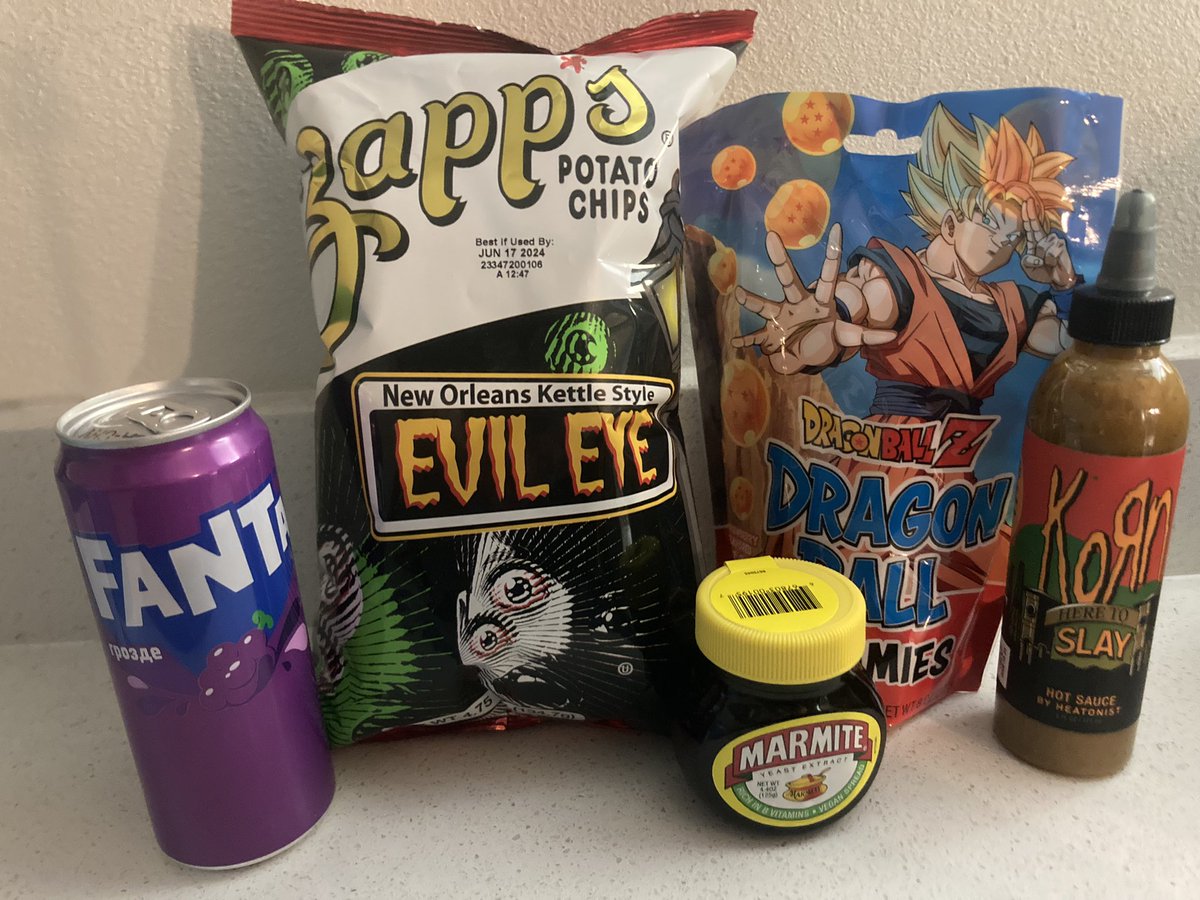 Some acoutrama from World Market

(Inc. the official Korn hotsauce, another needlessly creepy themed zapps chips flavor, Dragon Ball gummies, marmite, grape fanta for kokichimaxxxing)