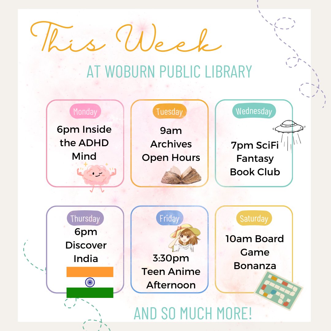woburnlibrary's tweet image. Looking to learn or play? Come see us this week. woburnpubliclibrary.org/events-calenda…
#LittleBitForEveryone #WoburnPublicLibrary #LibraryProgramming #WoburnMA