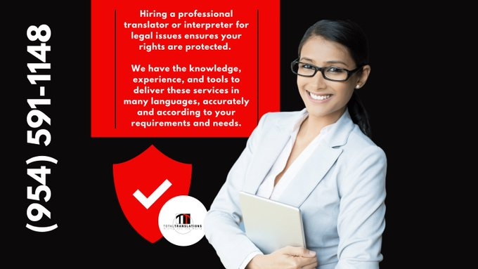 Totaltranslatio's tweet photo. Hiring a professional translator or interpreter for legal issues ensures your rights are protected.   

We have the knowledge, experience, and tools to deliver these services in many languages, accurately and according to your requirements and needs.  

CALL US: (954) 591-1148 https://t.co/QmJOfGbYsx