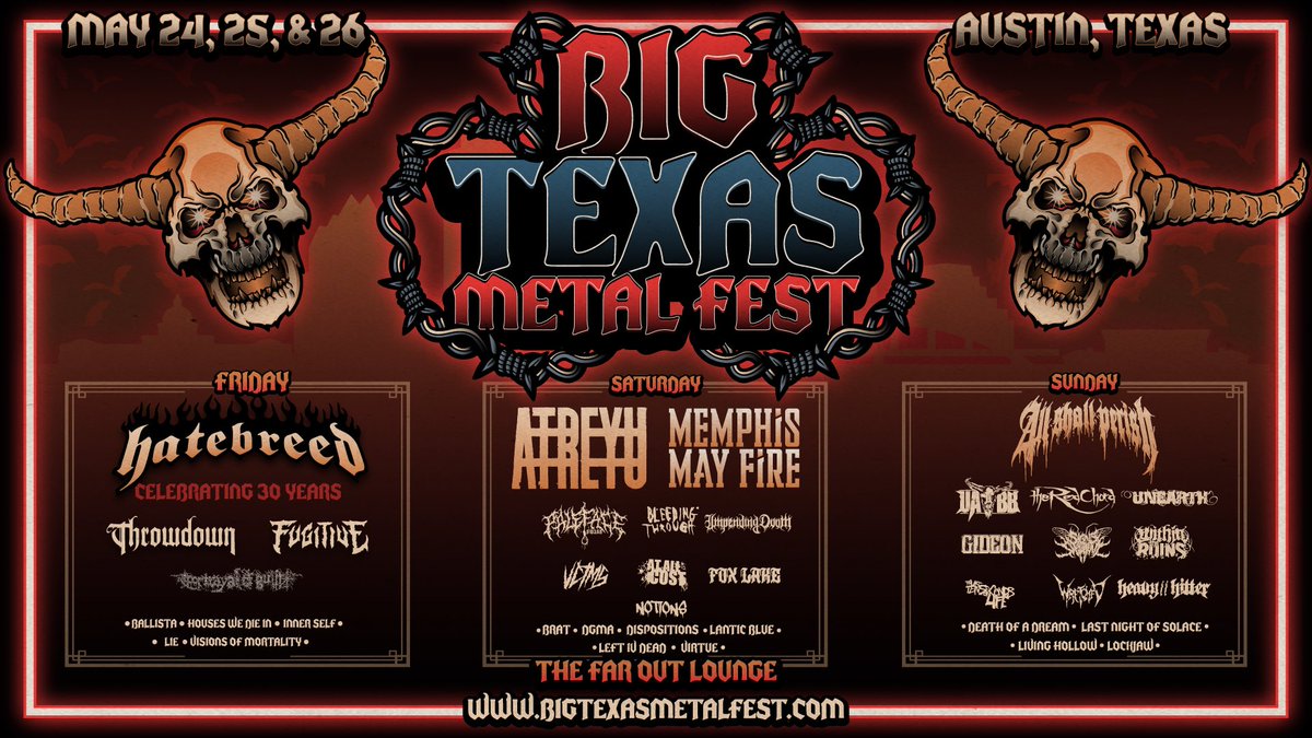 Less than ONE MONTH until BIG TEXAS METAL FEST takes over THE FAR OUT LOUNGE for Memorial Day Weekend. 

Who are you most excited to see? 

Should we release set times this week? 🤔

bigtexasmetalfest.com