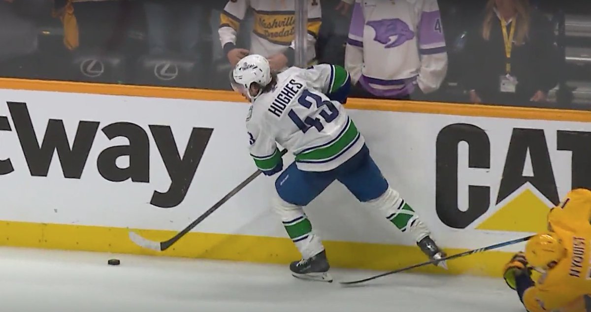 RobTheHockeyGuy's tweet photo. Hughes may be playing hurt, but he can still break ankles, as Nyquist found out before the #Canucks' tying goal https://t.co/ECmNnsIhzE