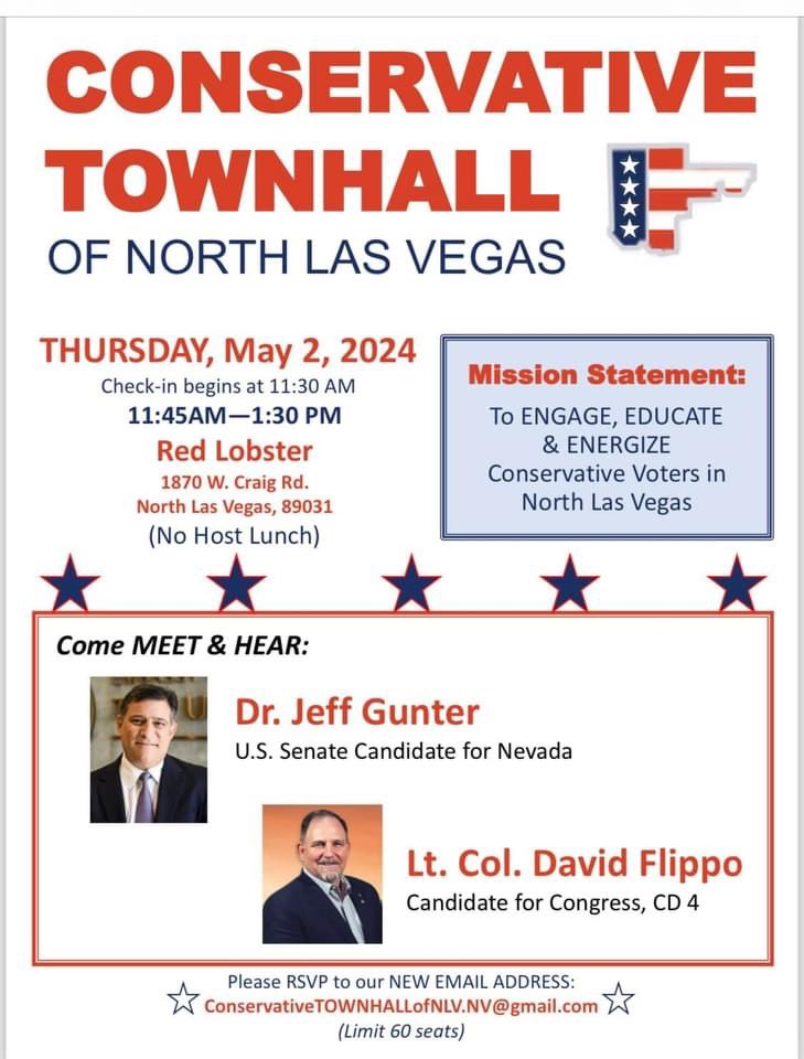 I’m excited to answer everyone’s questions next Thursday at 11:30 AM at the North Las Vegas Conservative Town Hall, hosted by @PatriciaElect. Tell all of your friends and hope to see you there!

#Conservative #FlipItRed #NorthLasVegas