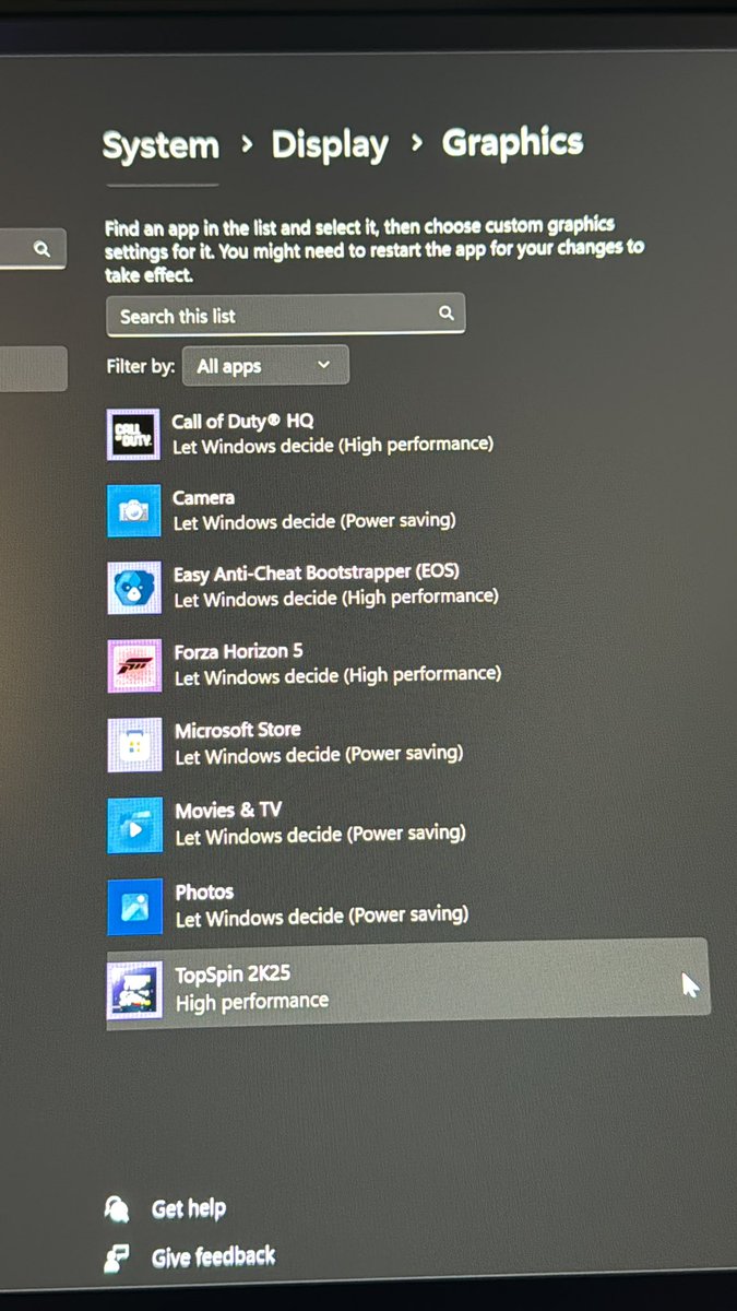 FallenM7's tweet image. If @topspin2k lags for you when initially launching game , it is most likely because the game isn’t recognizing your GPU. You may need to manually add TopSpin 2K25 and set it to High performance under System &amp;gt; Display &amp;gt; Graphics.