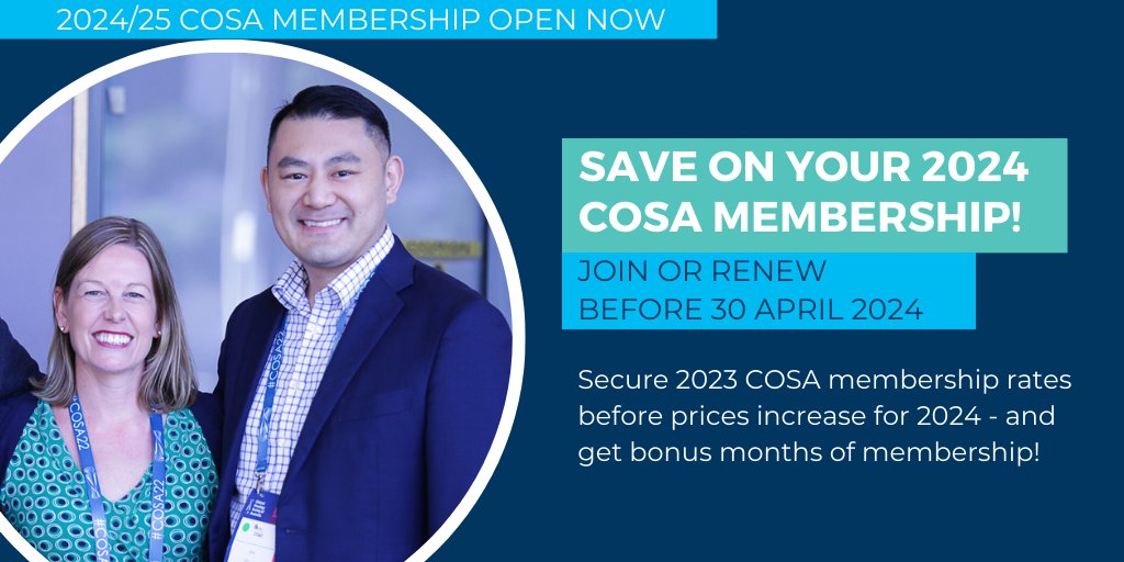 Last chance to save! Join or renew your COSA membership before 30 April 2024 to secure the 2023 member rate before they increase for 2024: bit.ly/3hXsDLm