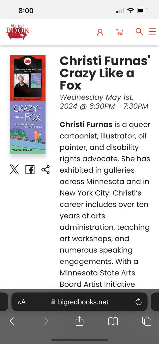 Friends in the #HudsonValley, please consider a trip to Big Red Books in #Nyack on 5/1 to welcome Christi Furnas and her debut graphic memoir CRAZY LIKE A FOX!! cc: @lilyburana @Elizabeth_Crane @erinsomers @readandbreathe @saribotton bigredbooks.net/events