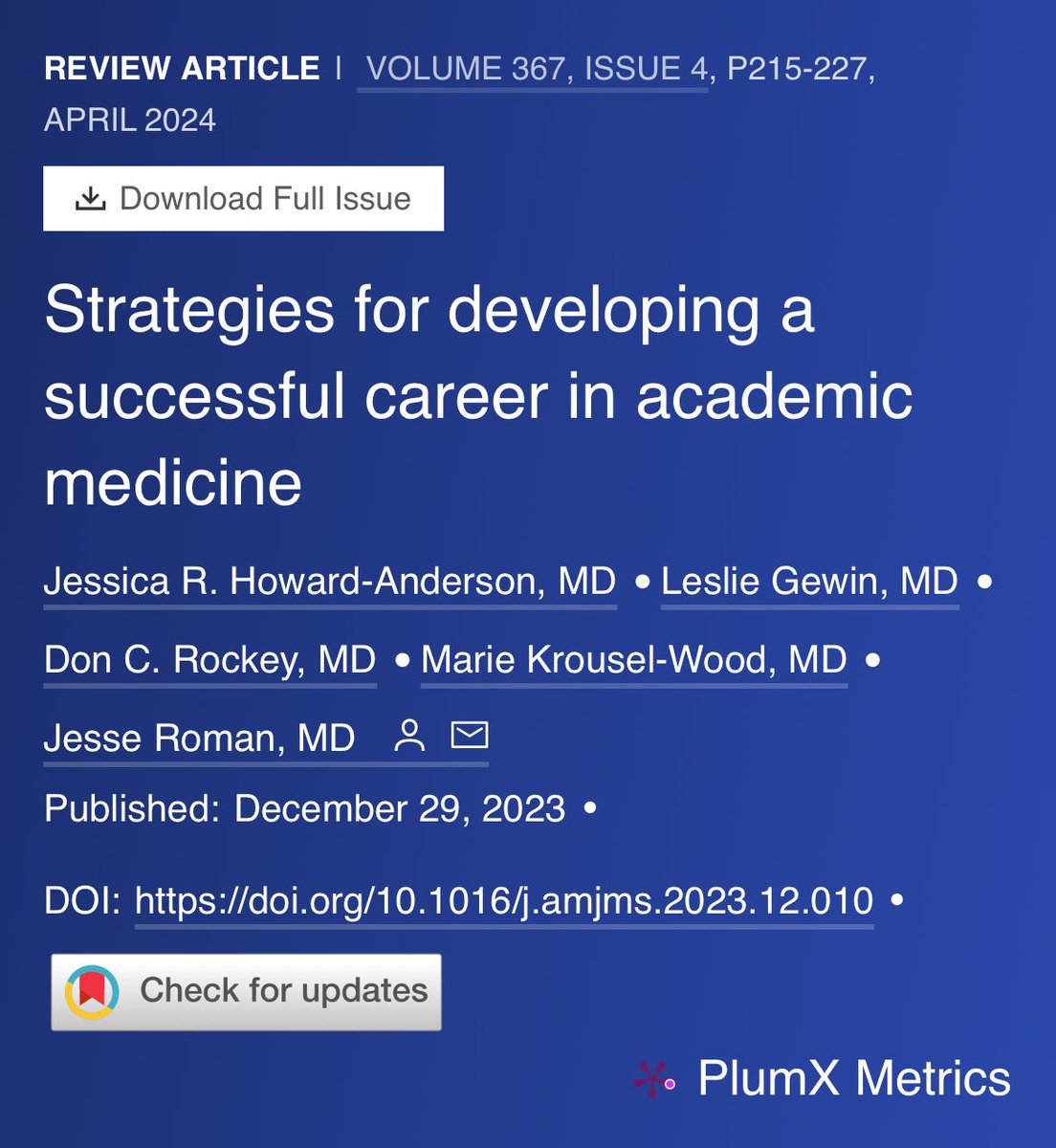 📍📍”Strategies for developing a successful career in academic medicine” Special review by SSCI leadership! @JessH_A @LeslieGewin @JRomanMD @AmJMedSci amjmedsci.com/article/S0002-…