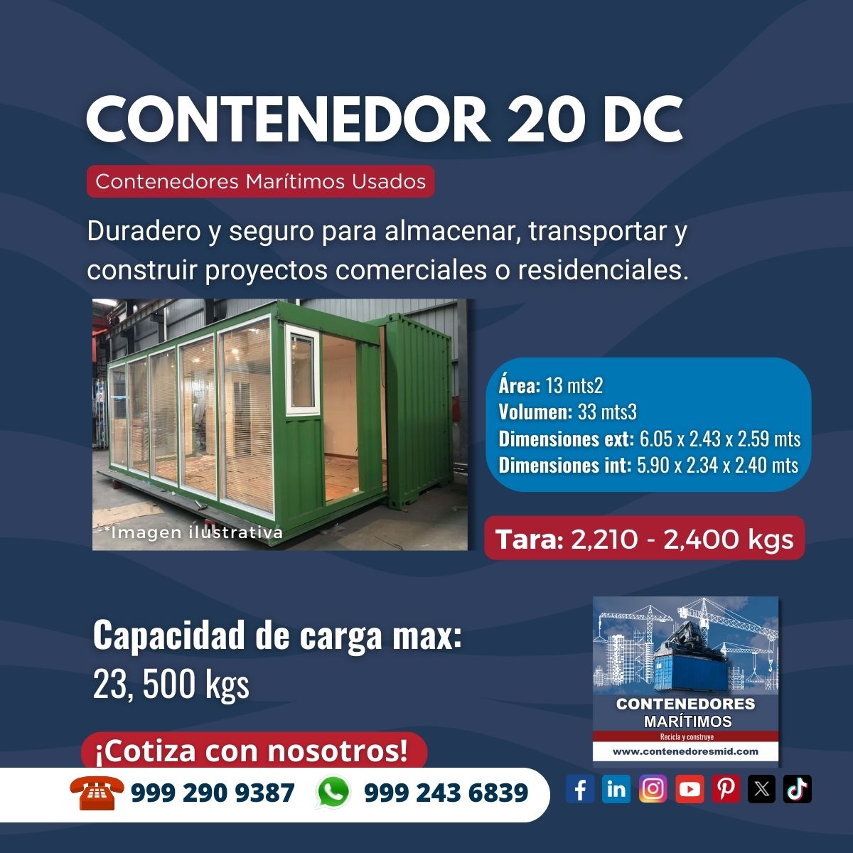 ¡Contáctanos! Estamos para ayudarte y brindarte un mejor servicio. ☎️999 290 9387 📱999 243 6839 🕛 Lunes a Viernes 8:00 am a 6:00 pm y Sábados 8:00 am a 2:00 pm. 📍 Mérida, Yucatán, México. #ContenedoresMaritimosUsados