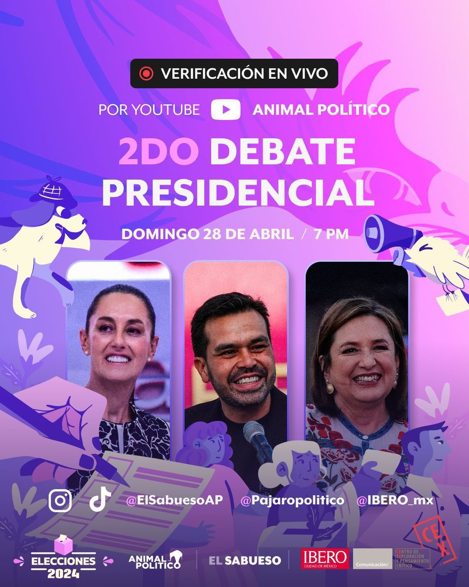 Seguro habrá mucha información en este #DebatePresidencial. Muy importante ejercicio de verificación y veracidad de los datos con el fact checking de @ElSabuesoAP @Pajaropolitico, en @elCeX_mx de @comunicacionUIA en punto de las 19 h. #VotoInformado #DebatePresidencial2024