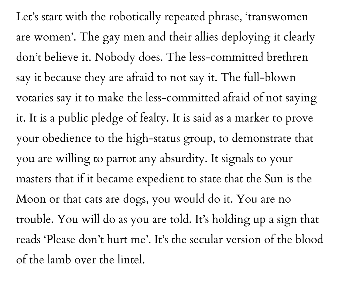 This is an extract from the book JK Rowling is describing as 'brilliant'. It is dripping with contempt and hatred, and is unashamedly cast in overtly fascistic language. Time and again, she proves herself to be a bigoted transphobe promoting vile hatred of a vulnerable minority.