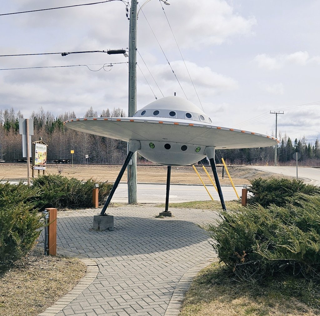 Mom had to drive up to #NorthernOntario today. She stopped to take pics of the big roadside attractions on Hwy 11 1 - Earlton 🦬 2 - Cochrane 🐻‍❄ 3 - Moonbeam🛸 I'm home with dad 😊