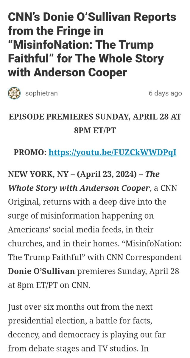 On CNN - 

Sunday April 28, 2024
5:00 pm and 8:00 pm PDT

'MisinfoNation: The Trump Faithful'

cnnpressroom.blogs.cnn.com/2024/04/22/cnn…

I will watch this to hear the other side.