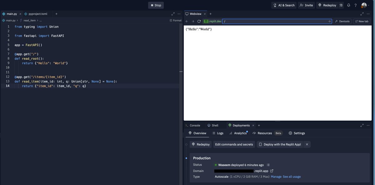 I'm not exaggerating ... it took me < 5 minutes to deploy a FastAPI BE on @Replit 

🚅🚀🚢