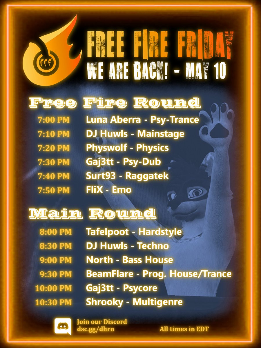 DHRNVRC's tweet photo. It’s been a while, but Free Fire Friday is BACK baby!

There’ll be some normal jams, some unique jams, and… “Emo” jams?! 
OK, now I’m curious what the heck that’ll sound like (lol) 🫨

Why not come and find out together with us? It’s sure to be a blast! - 🌹

Poster: @BeamFlare https://t.co/3nIdMrLis1