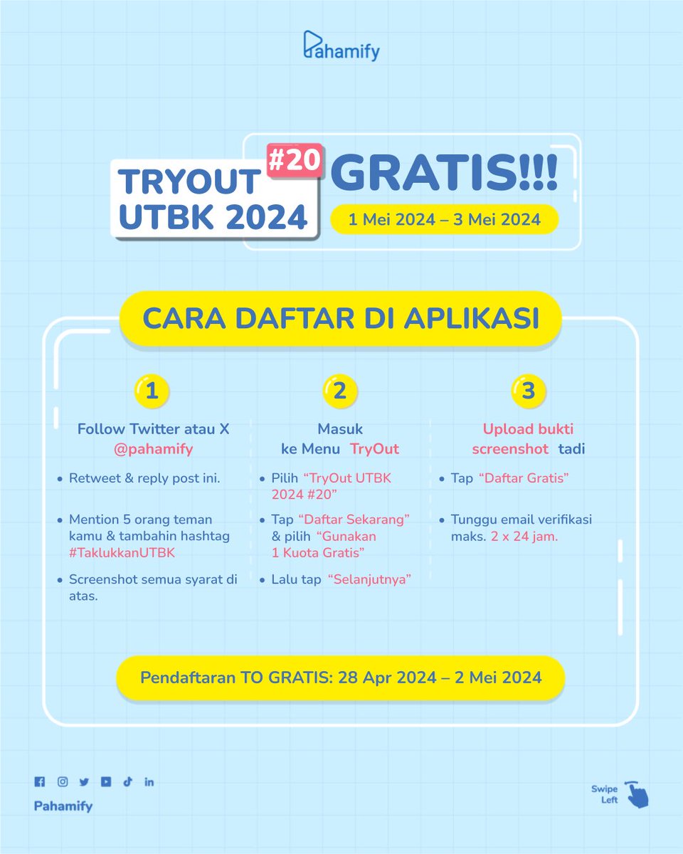 Cara daftar TO GRATIS Pahamify:
1⃣Follow Pahamify, RT &amp; reply tweet paling atas
2⃣MENTION 5 temanmu dan ajak ikutan TO, kasih hashtag #TaklukkanUTBK
3⃣SS persyaratan 1 &amp; 2
4⃣Daftar TO #20 di app/web tryout.pahamify.com
5⃣Submit persyaratannya
6⃣Tunggu proses verif 2x24 jam