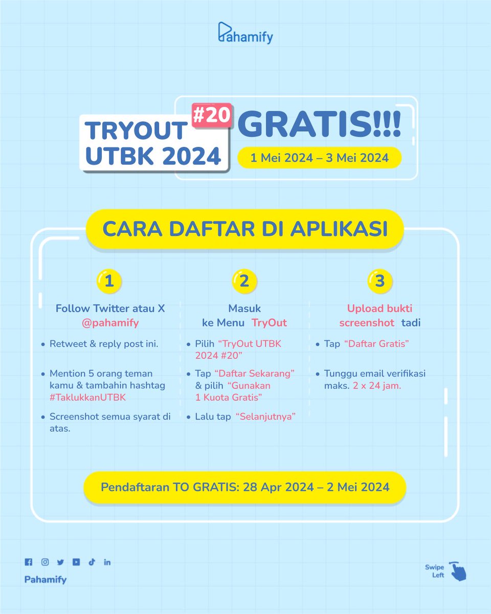 Cara daftar TO GRATIS Pahamify:
1⃣Follow Pahamify, RT & reply tweet paling atas
2⃣MENTION 5 temanmu dan ajak ikutan TO, kasih hashtag #TaklukkanUTBK
3⃣SS persyaratan 1 & 2
4⃣Daftar TO #20 di app/web tryout.pahamify.com
5⃣Submit persyaratannya
6⃣Tunggu proses verif 2x24 jam